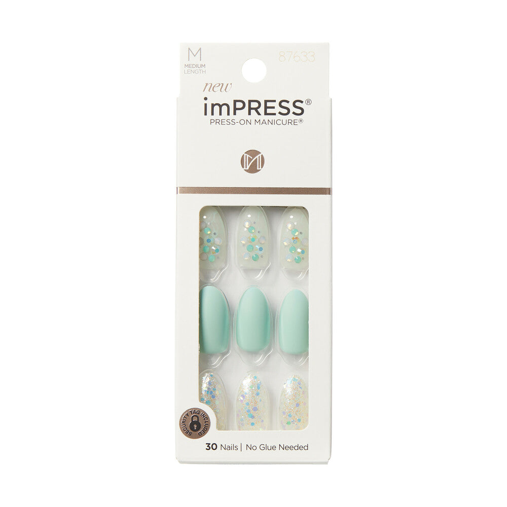 KISS imPRESS Press-On Nails – Evergreen, Mint with Crystal Accents, package front.