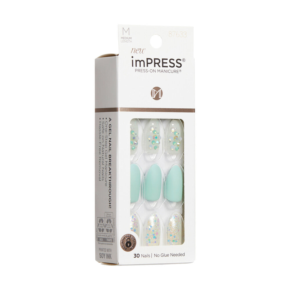 KISS imPRESS Press-On Nails – Evergreen, Mint with Crystal Accents product view.
