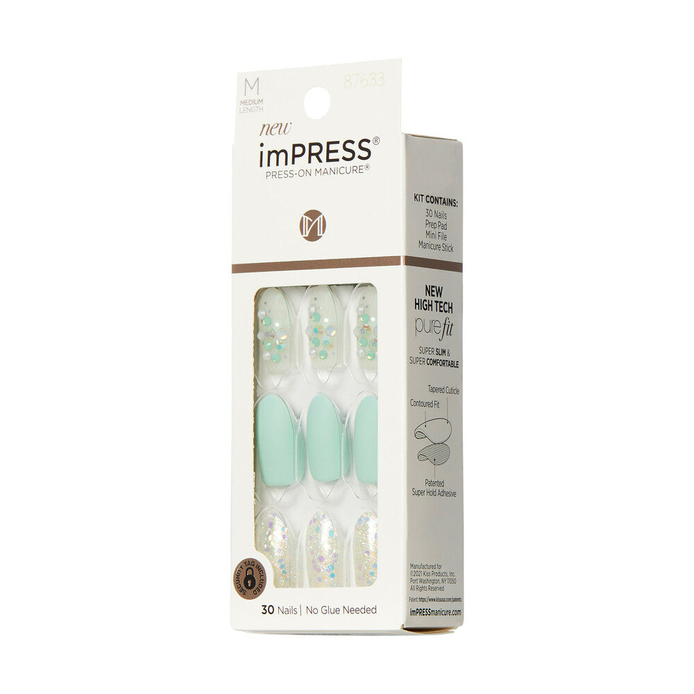KISS imPRESS Press-On Nails – Evergreen, Mint with Crystal Accents, side of package.