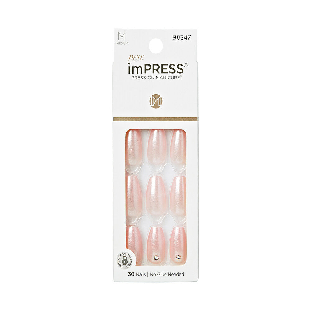 KISS imPRESS Press-On Nails – Glazed Pink, Soft Pink Gloss Finish, package front.