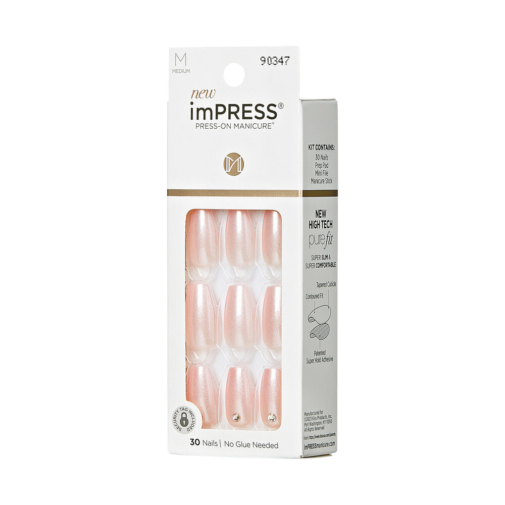 KISS imPRESS Press-On Nails – Glazed Pink, Soft Pink Gloss Finish, side of package.