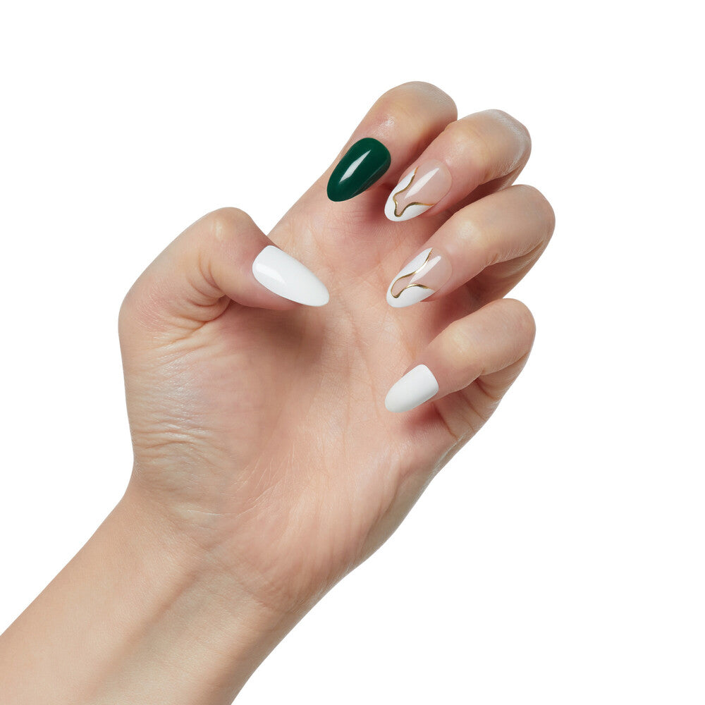 IMM42_extra_002 "KISS imPRESS Press-On Nails – Modern Colorblock Designs, Short, shown on bare hand."