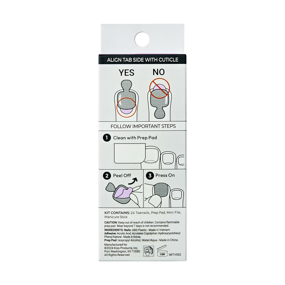 KISS imPRESS Toe Nails – Brave Hearts, Glitter Heart Design Press-On Pedicure, package back.