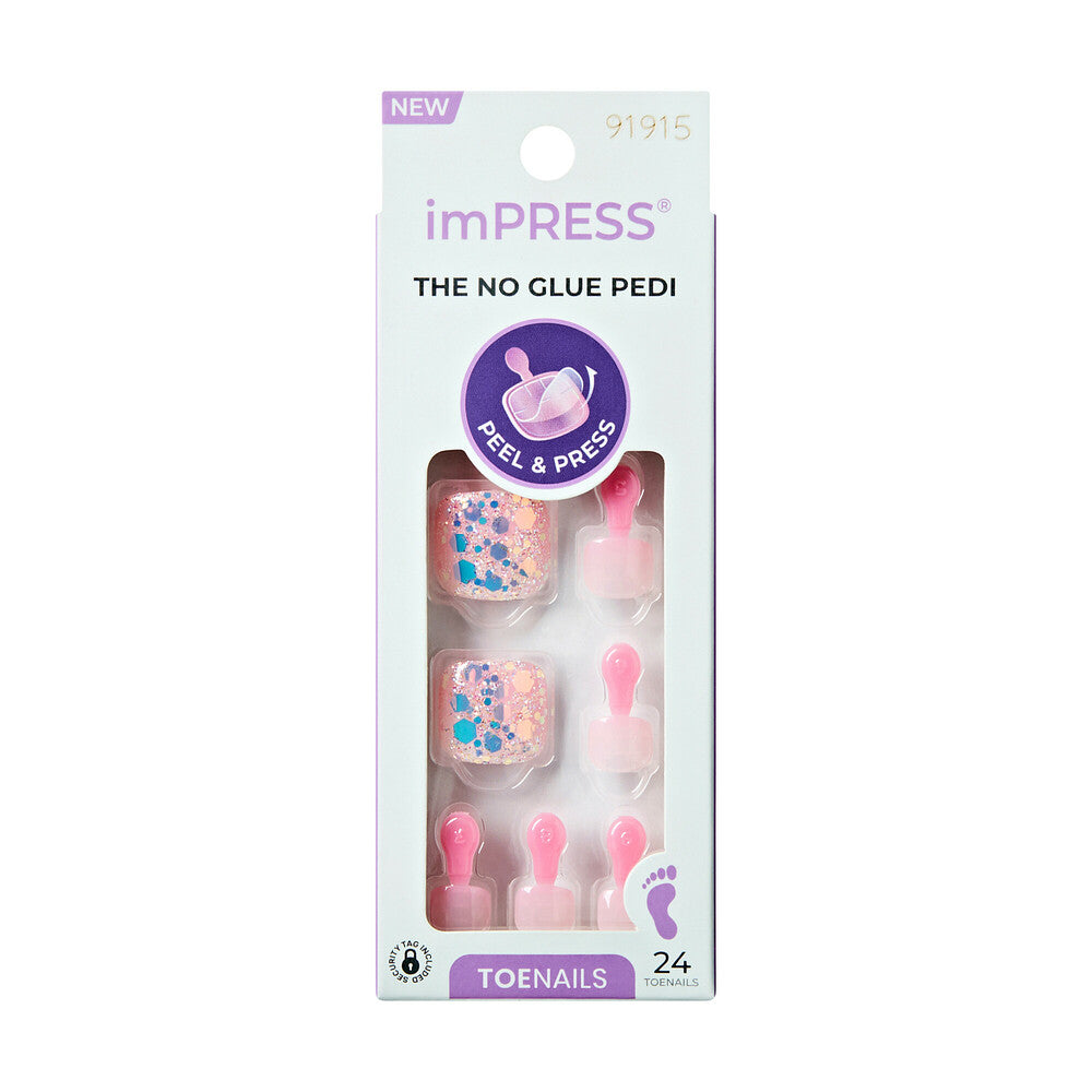 KISS imPRESS Toe Nails – Brave Hearts, Glitter Heart Design Press-On Pedicure, package front.