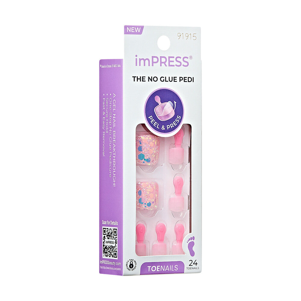 KISS imPRESS Toe Nails – Brave Hearts, Glitter Heart Design Press-On Pedicure product view.