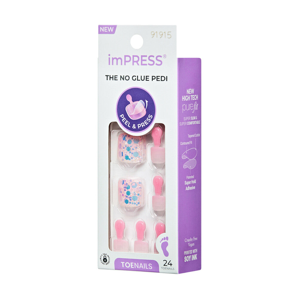 KISS imPRESS Toe Nails – Brave Hearts, Glitter Heart Design Press-On Pedicure, side of package.