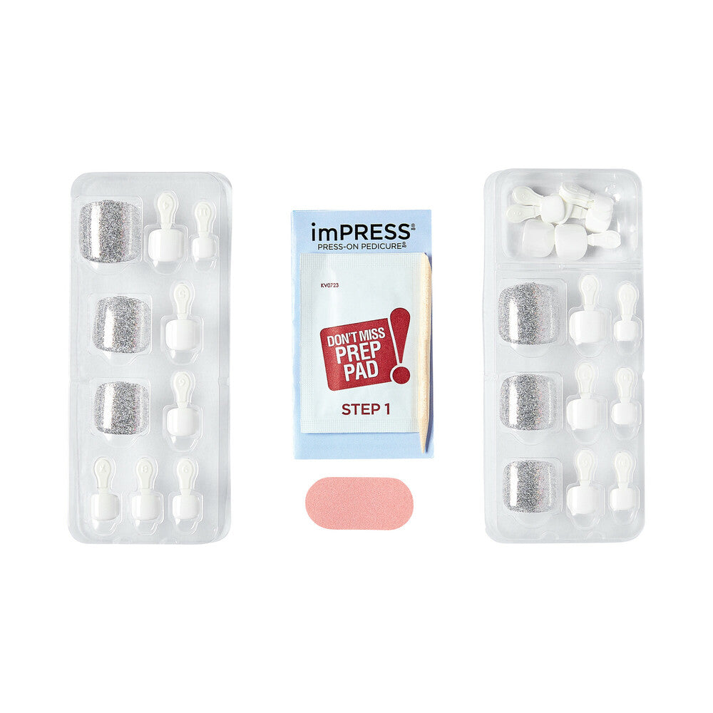 KISS imPRESS Toe Nails – White Sky, Soft Shimmer Press-On Pedicure product view.