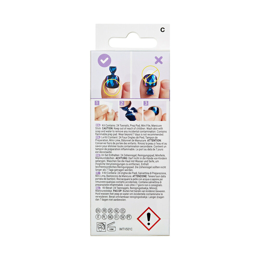 KISS imPRESS Toe Nails – White Sky, Soft Shimmer Press-On Pedicure, package back.