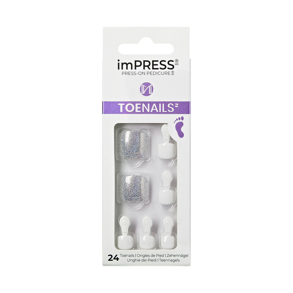 KISS imPRESS Toe Nails – White Sky, Soft Shimmer Press-On Pedicure, package front.