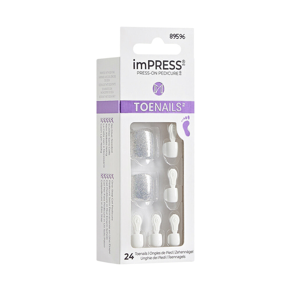 KISS imPRESS Toe Nails – White Sky, Soft Shimmer Press-On Pedicure product view.