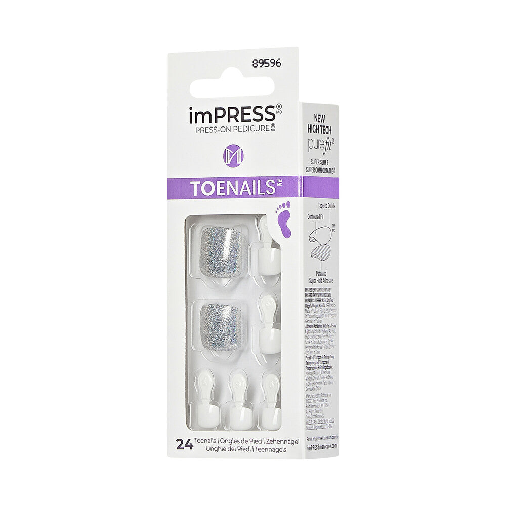 KISS imPRESS Toe Nails – White Sky, Soft Shimmer Press-On Pedicure, side of package.