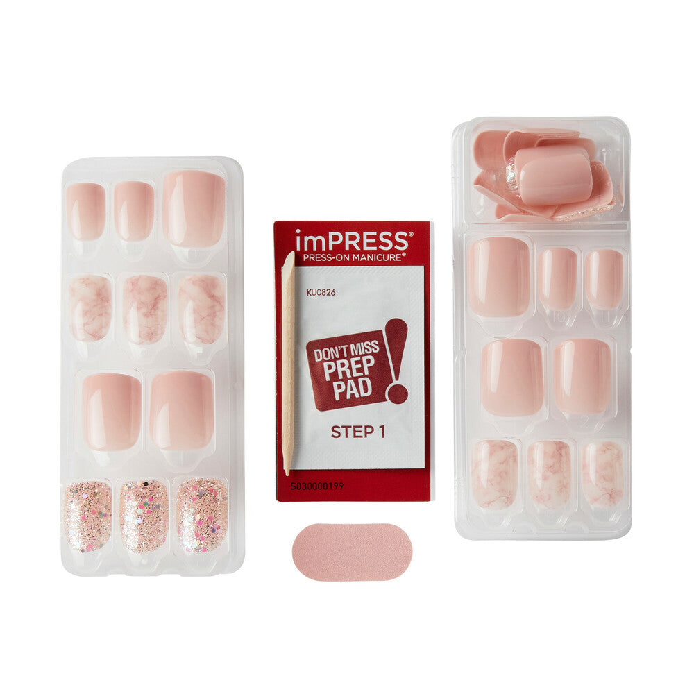 KISS imPRESS Press-On Nails – Wider Fit, Just a Dream, Soft Pink & Glitter Design product view.