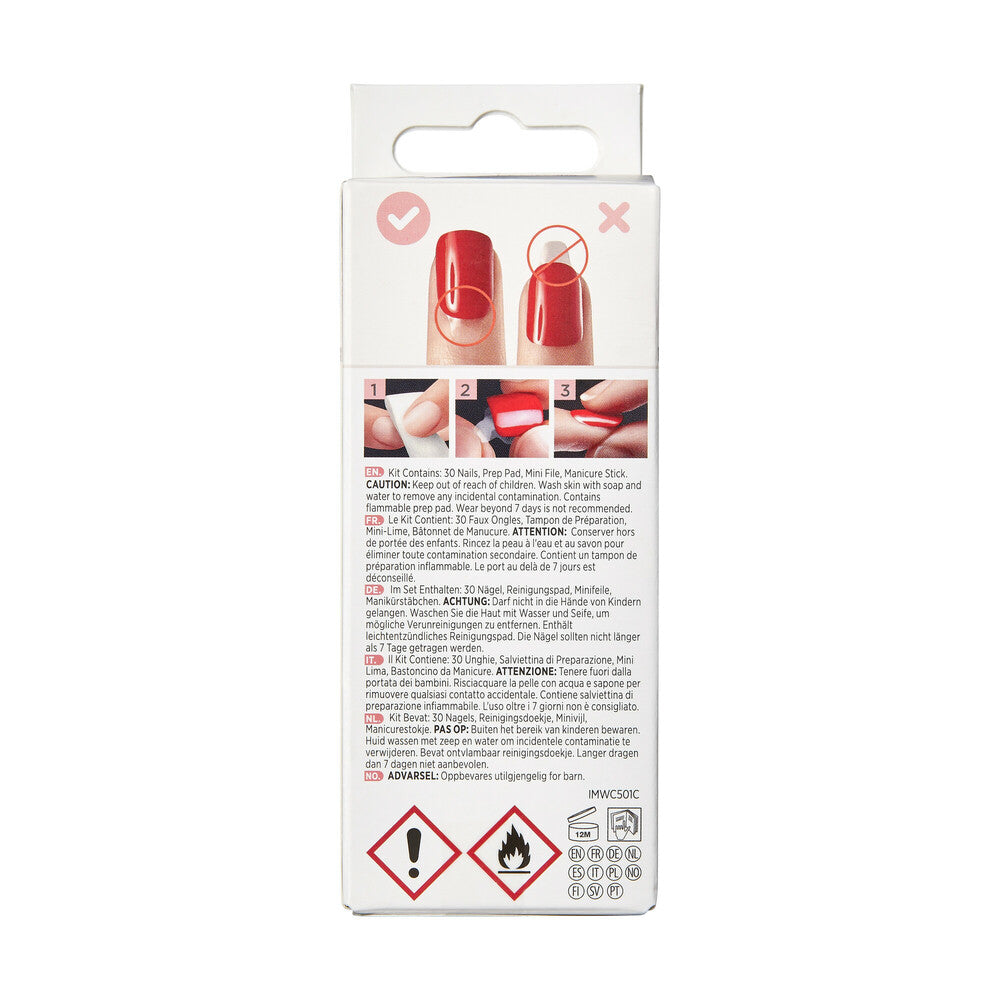 KISS imPRESS Press-On Nails – Wider Fit, Just a Dream, Soft Pink & Glitter Design, package back.