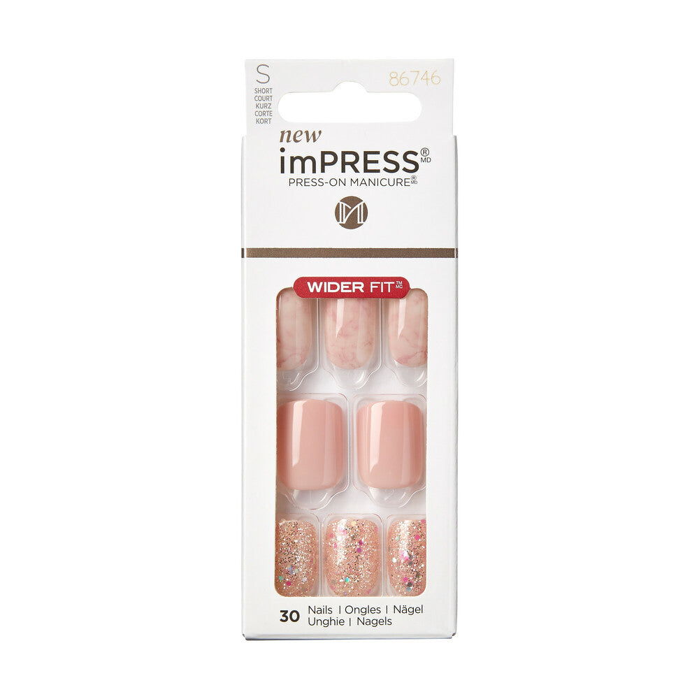KISS imPRESS Press-On Nails – Wider Fit, Just a Dream, Soft Pink & Glitter Design, package front.