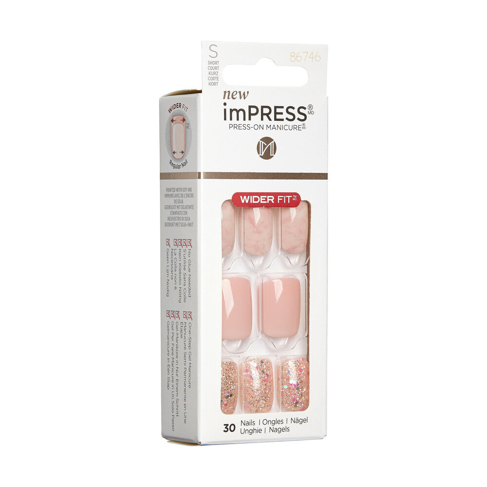 KISS imPRESS Press-On Nails – Wider Fit, Just a Dream, Soft Pink & Glitter Design product view.