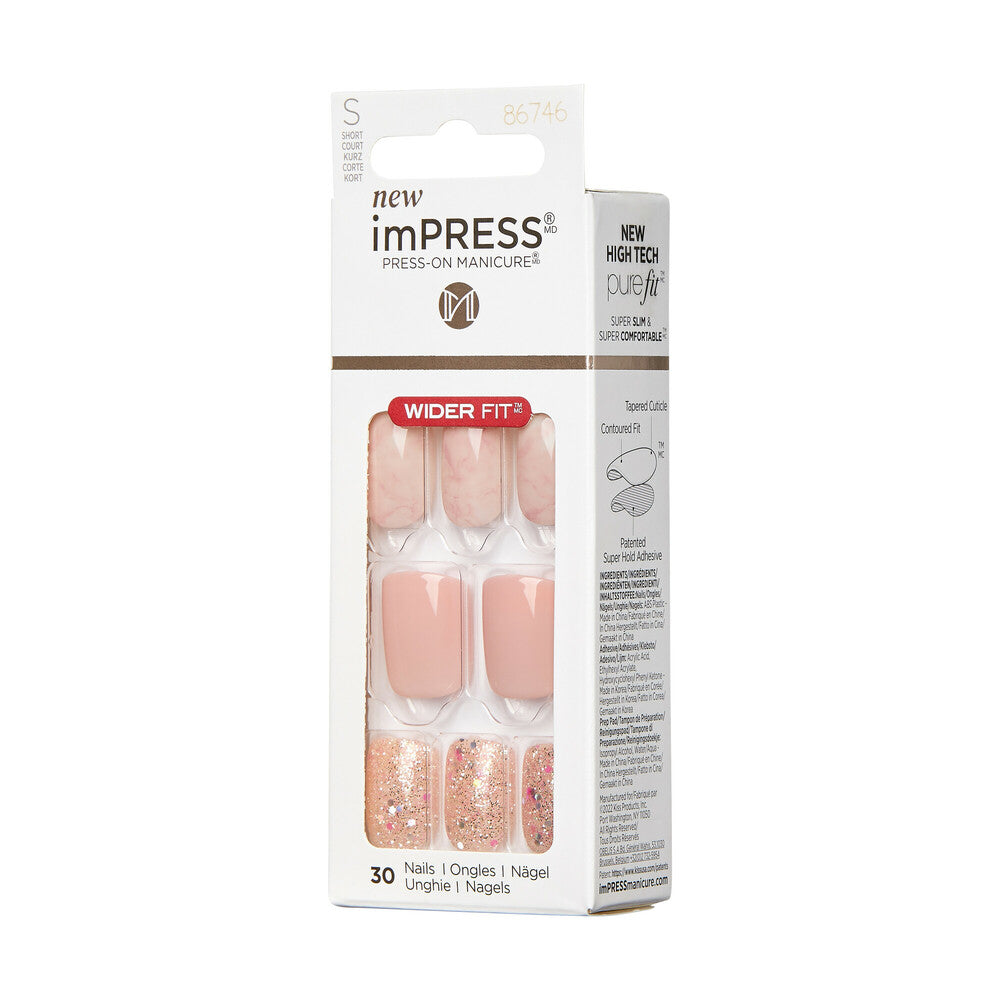 KISS imPRESS Press-On Nails – Wider Fit, Just a Dream, Soft Pink & Glitter Design, side of package.