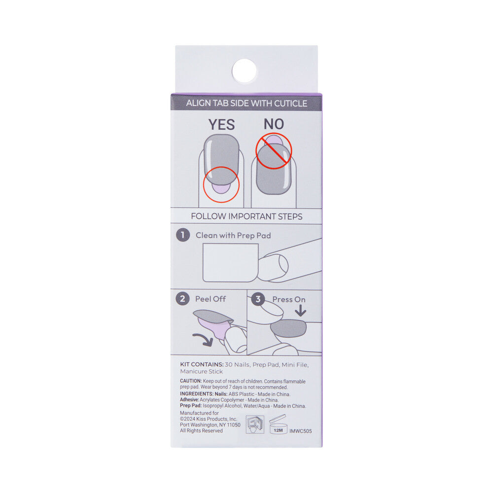 IMW03_extra_007 "KISS imPRESS Press-On Nails – Wider Fit, Short Length, Glossy Designs, package back."