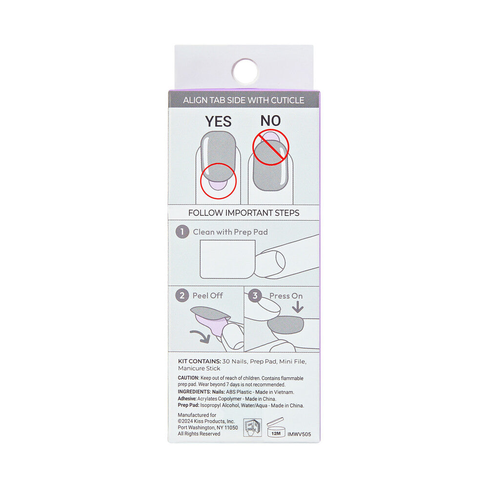 IMW04_extra_009 "KISS imPRESS Press-On Nails – Wider Fit, Short Length, Glossy Designs, package back."