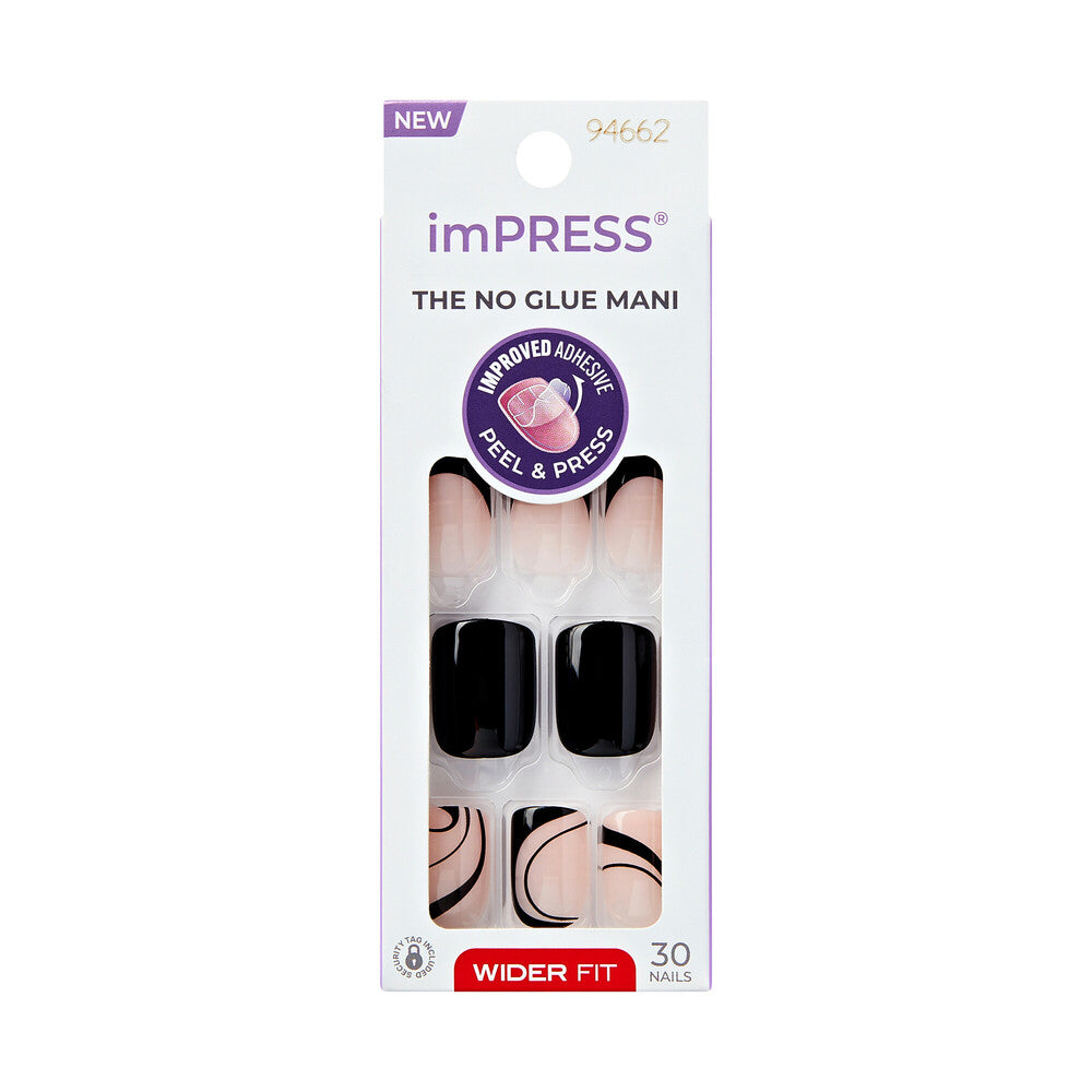 IMW04_MAIN "KISS imPRESS Press-On Nails – Wider Fit, Short Length, Glossy Designs in Black Dress, package front."