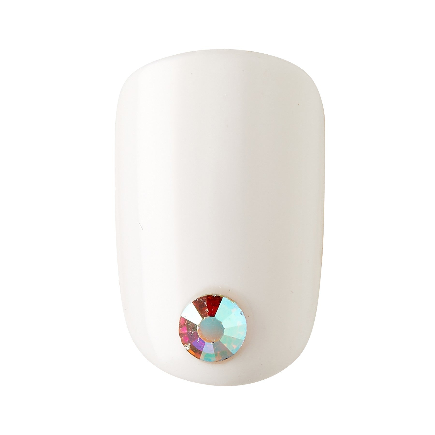 KIM006C_extra_003 "A single artificial nail with a smooth, glossy white finish. At the base of the nail, there is a small, round, multi-colored rhinestone embellishment. The rhinestone reflects various colors, including red, blue, and green, adding a touch of sparkle to the otherwise plain white nail. The overall design is simple yet elegant, with the rhinestone serving as a focal point."