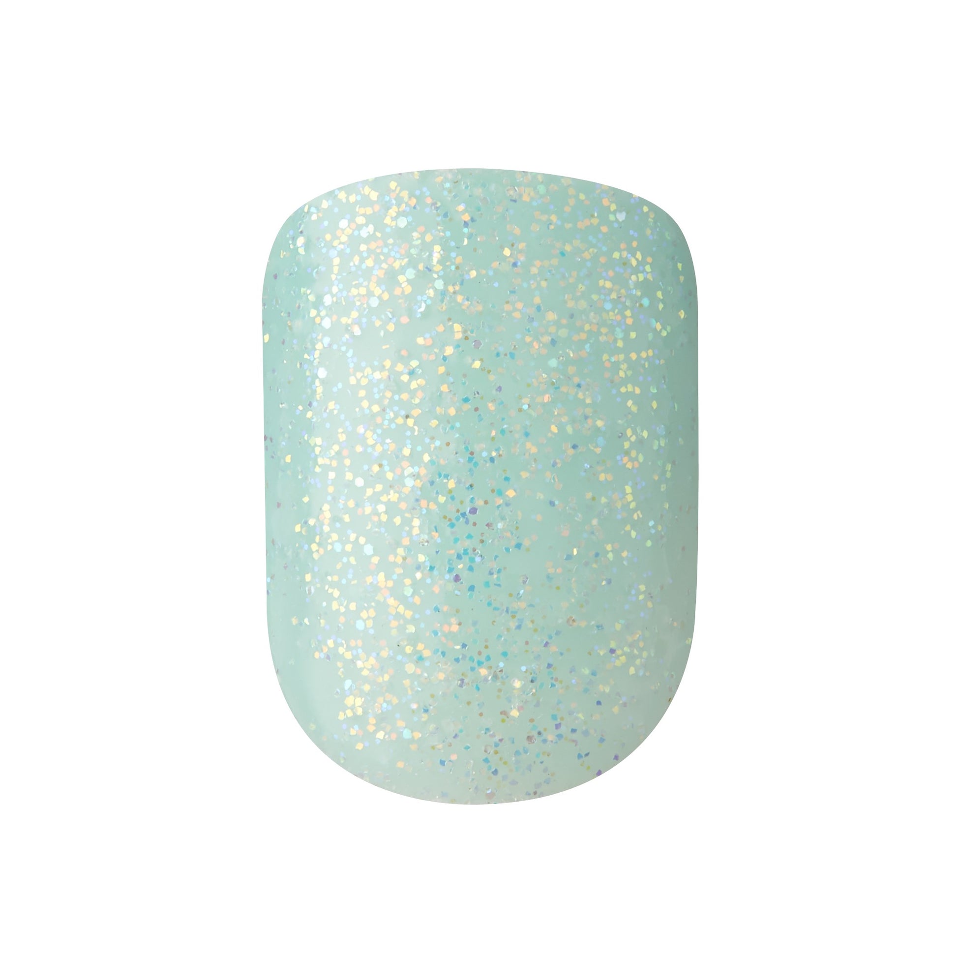 KIM012C_extra_002 "A close-up of a single fingernail painted with a light turquoise nail polish. The polish has a glossy finish and is adorned with fine, shimmering glitter particles that reflect light, giving the nail a sparkling appearance. The glitter appears to be a mix of gold and silver tones, adding a festive and eye-catching element to the nail design."