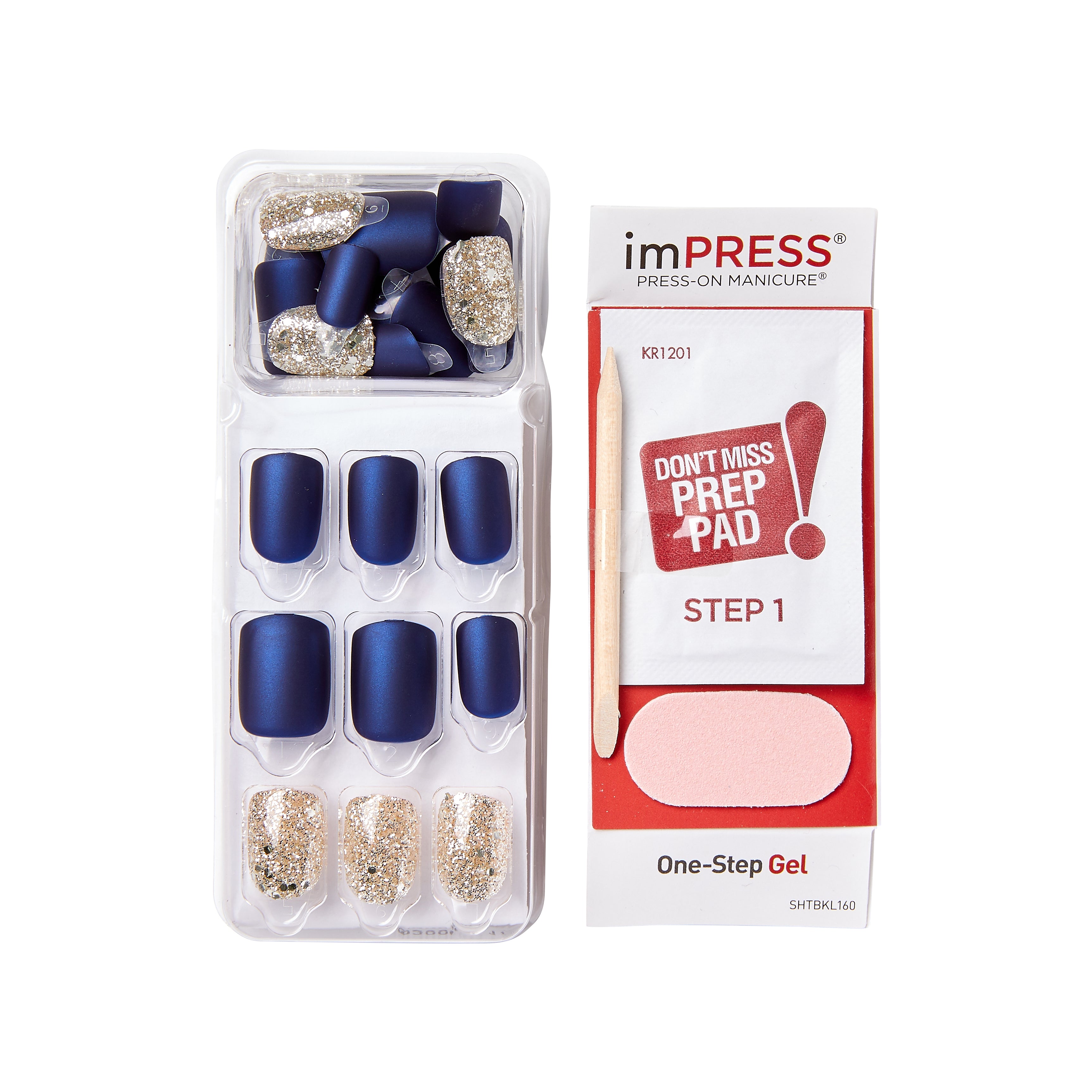 KIM005C_extra_002 "A set of press-on manicure nails from the brand "imPRESS." The set includes two trays of artificial nails: one tray contains solid navy blue nails, and the other contains glittery gold nails. Additionally, the package includes a "PREP PAD" labeled as "STEP 1," a small wooden stick for nail preparation, and a pink nail file. The packaging emphasizes that this is a "One-Step Gel" application process."