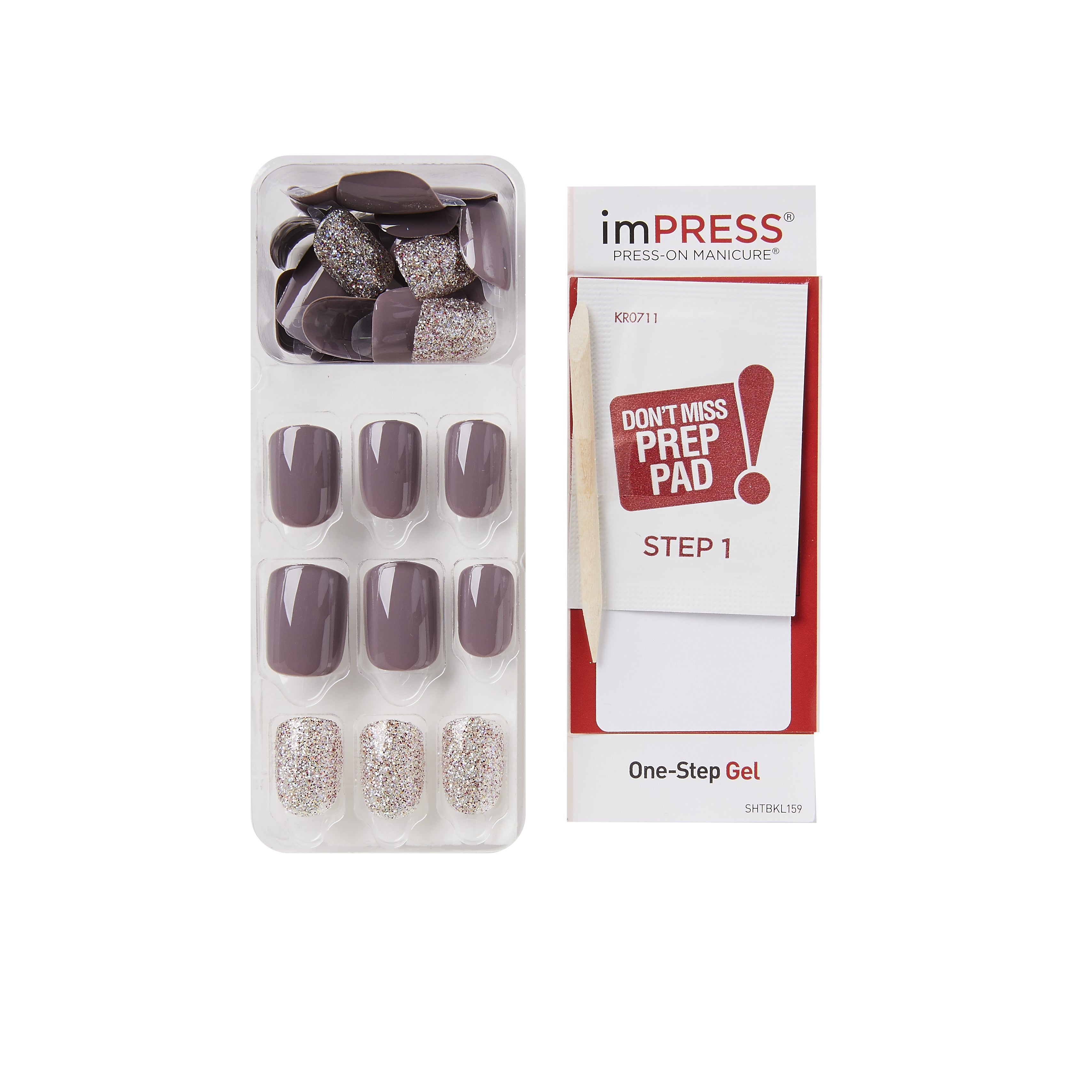 KIM011C_extra_004 "A set of press-on nails from the brand "imPRESS." The set includes a tray with a total of 30 nails in various sizes. The nails are a mix of solid mauve color and glittery silver designs. Next to the tray of nails is a package labeled "Don't Miss Prep Pad! Step 1," which likely contains a cleaning pad to prepare the natural nails before applying the press-on nails. The product is described as a "One-Step Gel" manicure."