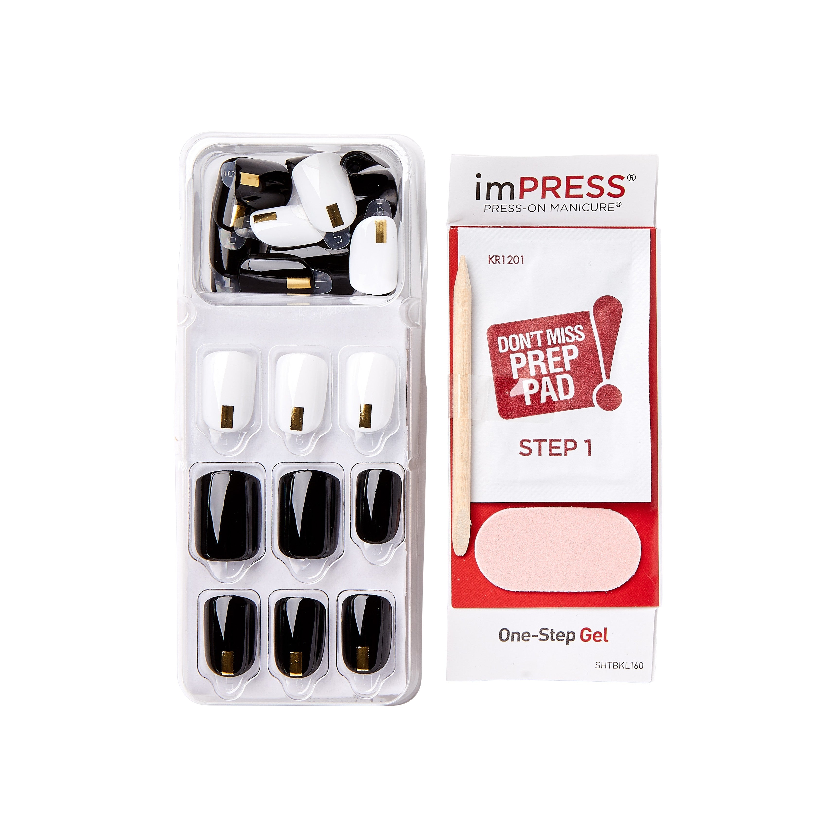 KIM004_extra_005 "A set of press-on manicure nails from the brand "imPRESS." The set includes multiple black and white artificial nails with gold accents, arranged in a plastic tray. Alongside the nails, there is a packet labeled "Don't Miss Prep Pad! Step 1," which is likely used to prepare the natural nails before applying the press-on nails. Additionally, there is a small wooden stick and a pink nail file included in the set."