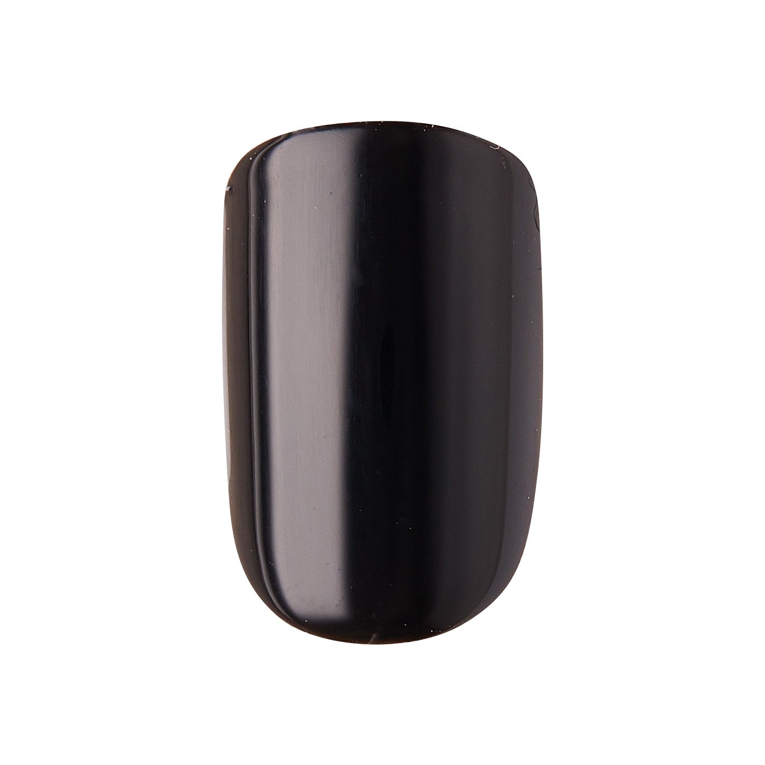 KIM004_extra_004 "A single artificial nail tip. The nail tip is smooth and has a glossy finish. It is painted in a solid black color. The shape of the nail tip is slightly curved, mimicking the natural curvature of a fingernail, and it has a rounded edge at the top. The overall appearance is sleek and polished."