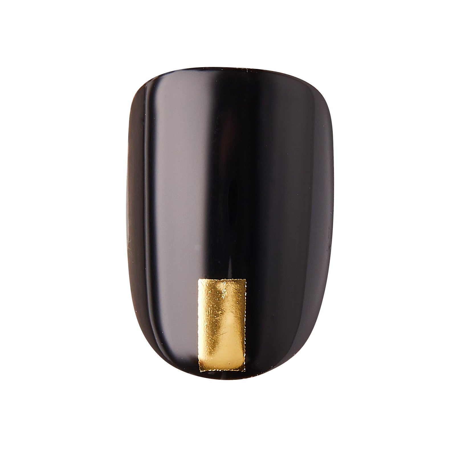 KIM004_extra_003 "A single artificial nail with a glossy black finish. The nail features a rectangular gold accent at the base, adding a touch of elegance and contrast to the overall design. The gold accent is metallic and shiny, standing out against the dark background of the nail. The shape of the nail is slightly rounded at the top, giving it a sleek and polished appearance."