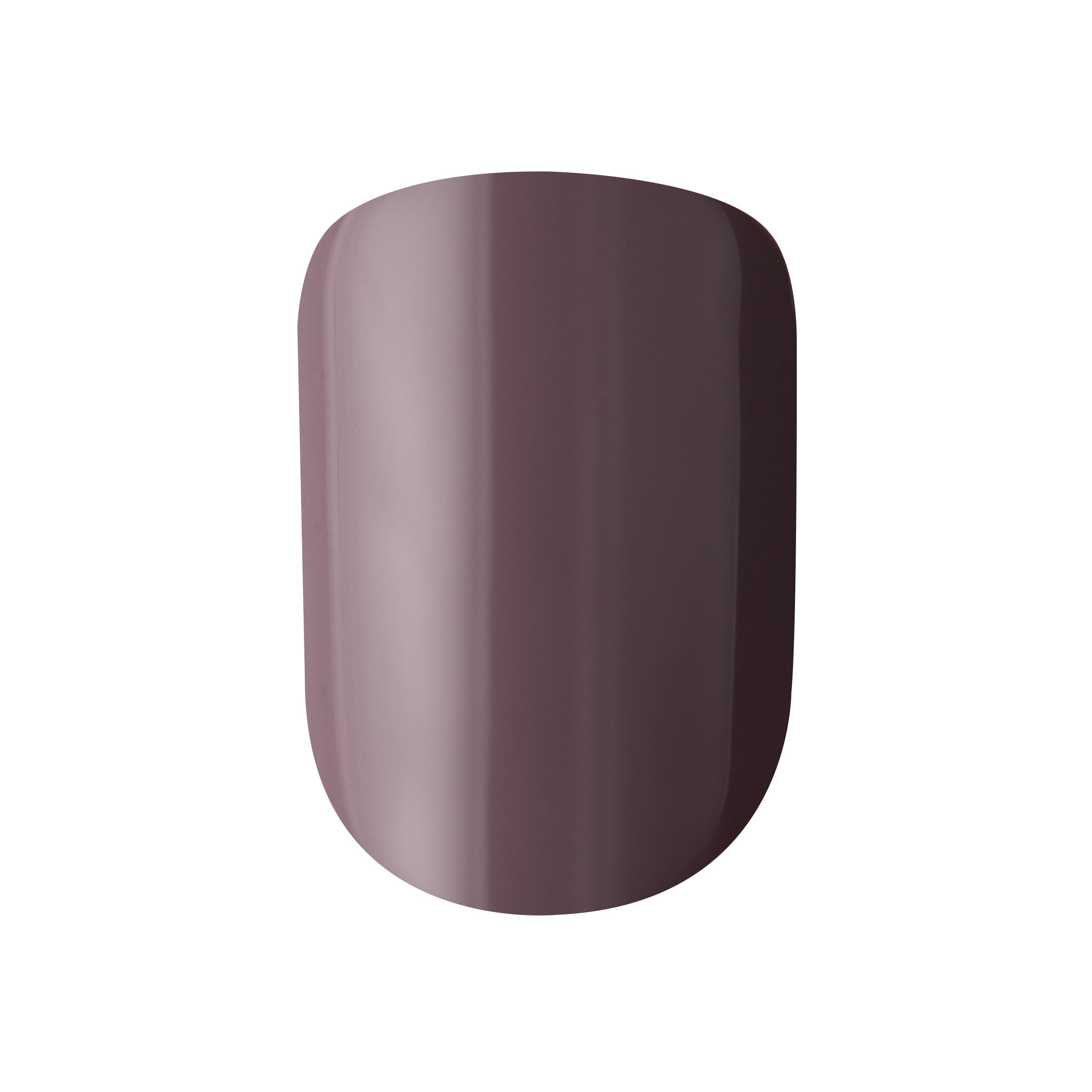 KIM011C_extra_003 "A close-up of a single fingernail painted with a glossy, muted mauve nail polish. The nail is well-manicured, with a smooth and even application of the polish, which has a shiny finish. The color is a blend of purple and brown tones, giving it a sophisticated and understated appearance."