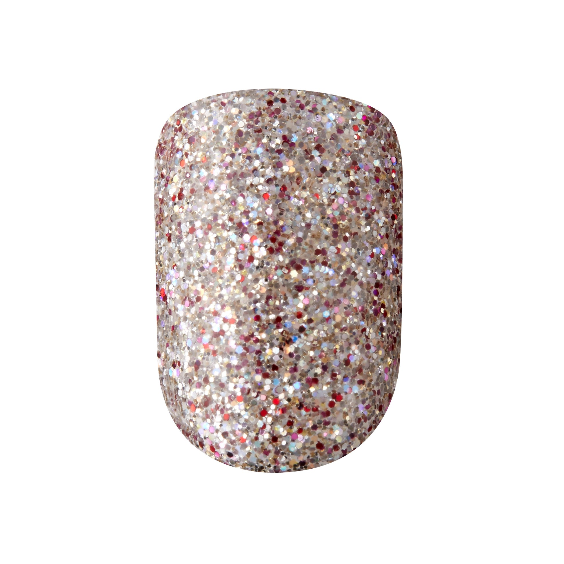 KIM011C_extra_002 "A single artificial nail with a glittery design. The nail is covered in a dense array of small, multicolored glitter particles, including shades of silver, gold, red, and purple. The glitter creates a sparkling, festive appearance, making the nail look vibrant and eye-catching. The shape of the nail is rounded at the top and slightly curved, typical of a well-manicured artificial nail."