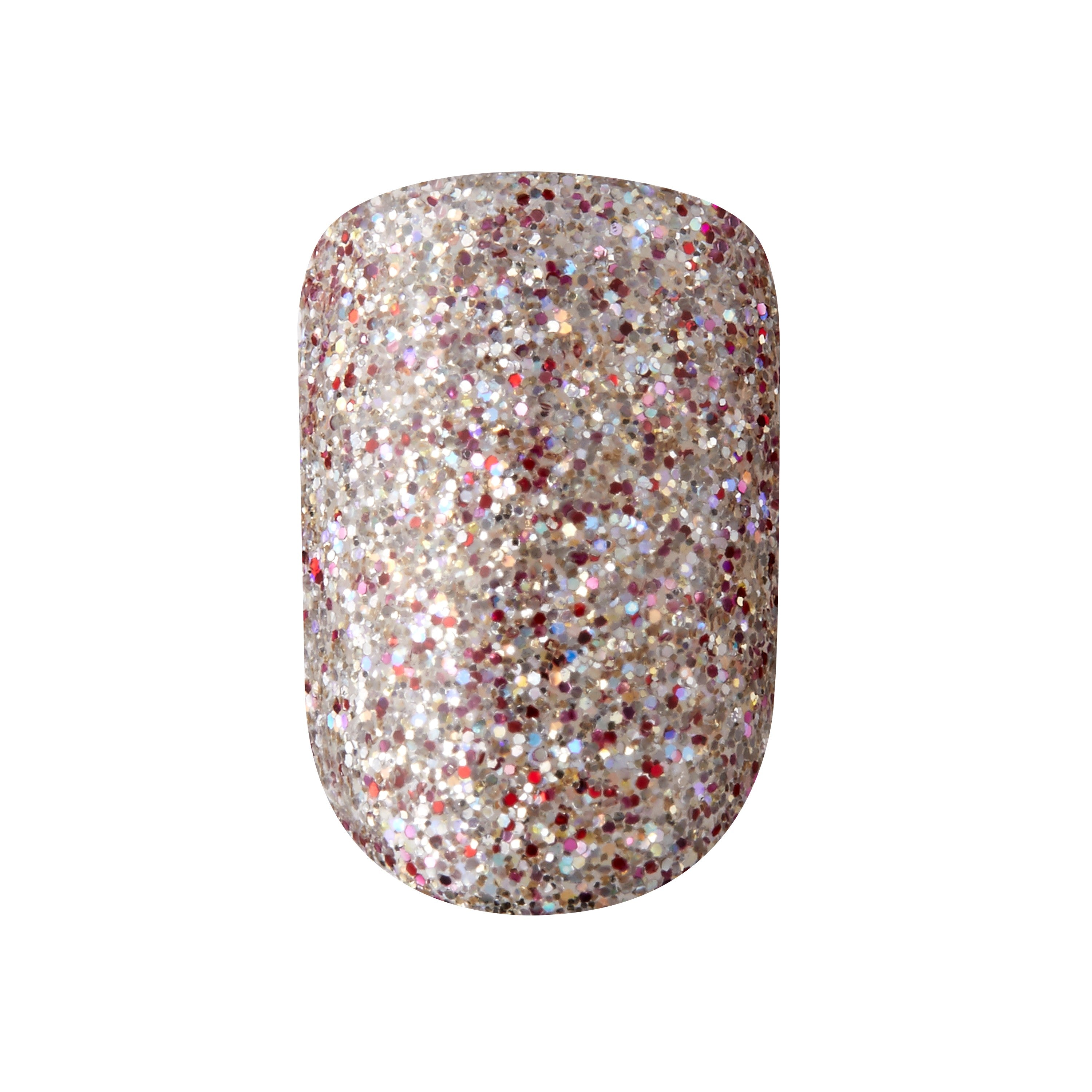 KIM011C_extra_002 "A single artificial nail with a glittery design. The nail is covered in a dense array of small, multicolored glitter particles, including shades of silver, gold, red, and purple. The glitter creates a sparkling, festive appearance, making the nail look vibrant and eye-catching. The shape of the nail is rounded at the top and slightly curved, typical of a well-manicured artificial nail."
