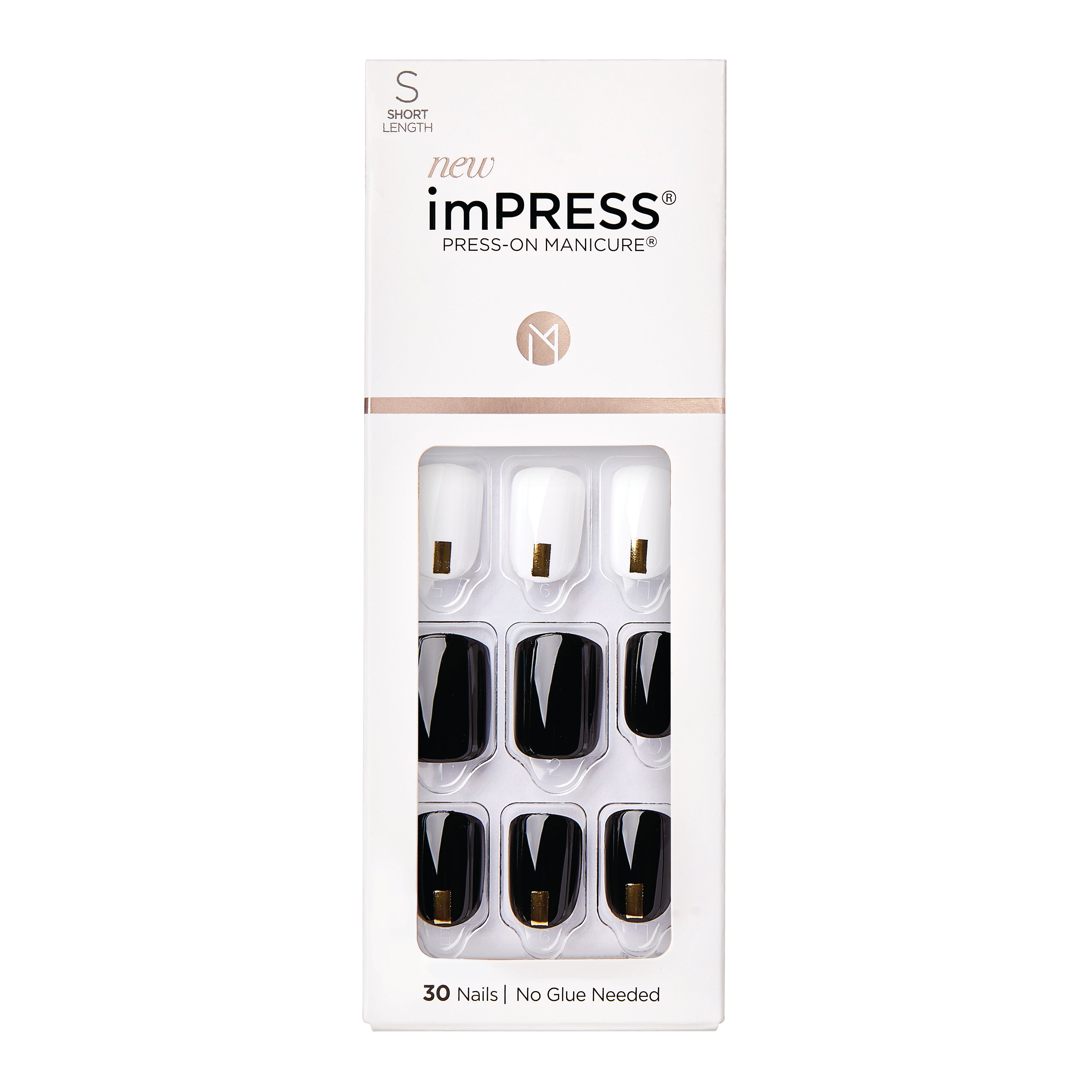 KIM004_MAIN "A package of "imPRESS Press-On Manicure" nails. The packaging is predominantly white with a clear window displaying the press-on nails inside. The nails are arranged in two columns, with a total of 30 nails included in the package. The nails feature a black and white design with a gold accent. The top of the package indicates that these are "Short Length" nails and that no glue is needed for application. The brand name "imPRESS" is prominently displayed in the center of the package."
