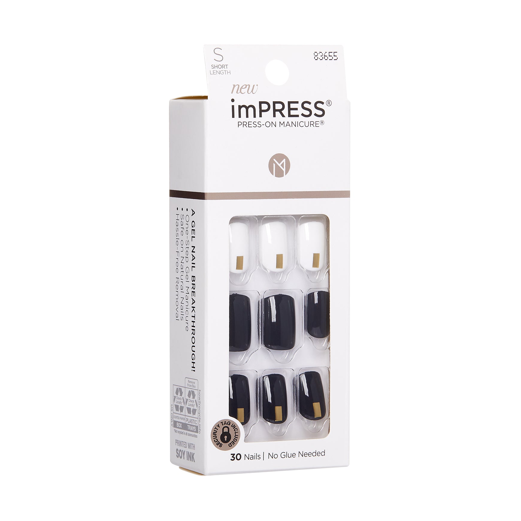 KIM004_extra_006 "A package of imPRESS Press-On Manicure nails. The packaging is predominantly white with some brown accents. The brand name "imPRESS" is prominently displayed at the top, along with the phrase "Press-On Manicure." The package contains 30 nails, and it is indicated that no glue is needed for application. The nails inside the package are visible through a clear plastic window and feature a black and white design with some gold accents."