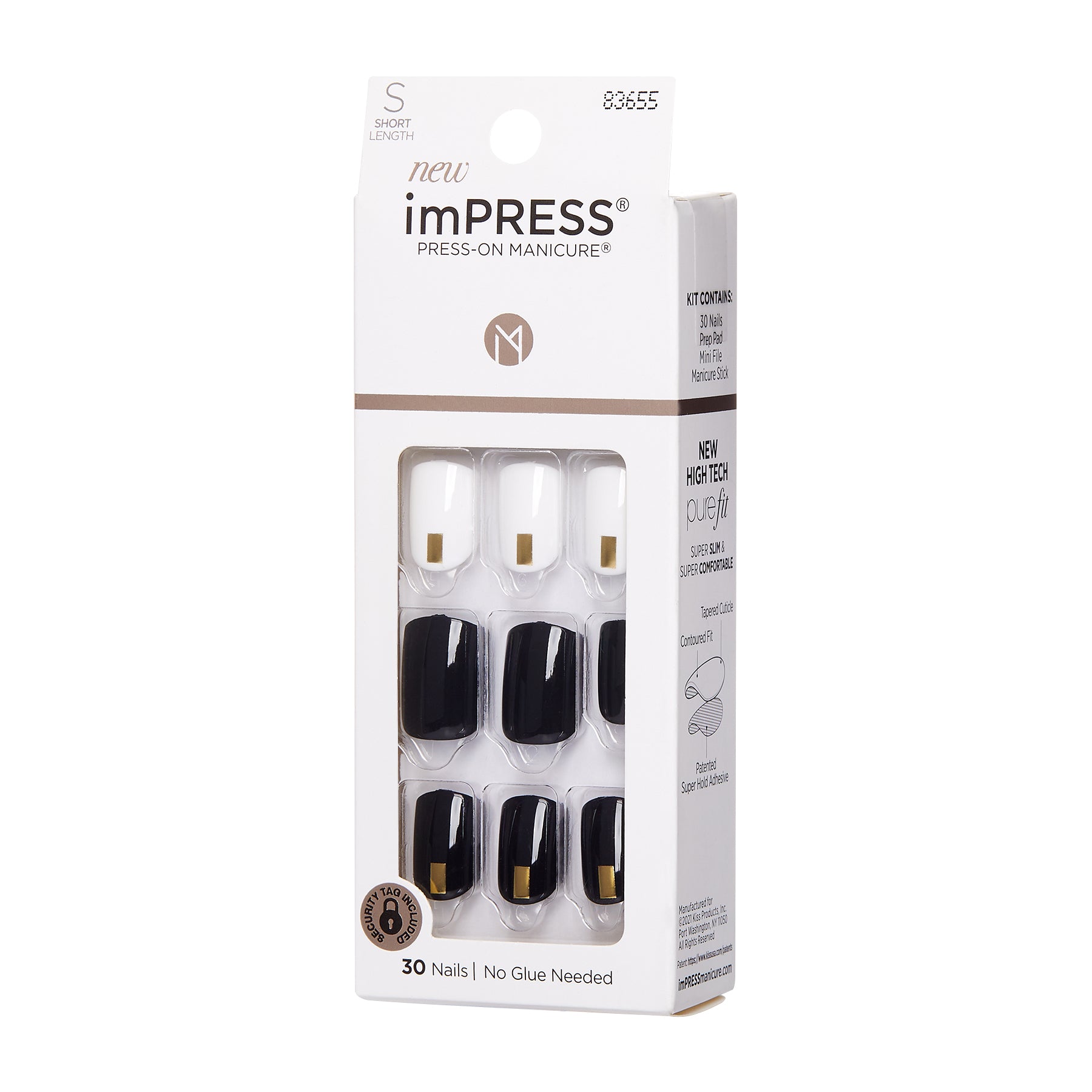 KIM004_extra_007 "A package of imPRESS Press-On Manicure nails. The packaging is predominantly white with black and gold accents. The product is labeled as "new" and features 30 press-on nails that do not require glue. The nails are in two colors: black and white, with some nails featuring a gold accent. The package indicates that these are "short length" nails. The product number "83655" is visible at the top right corner of the package."