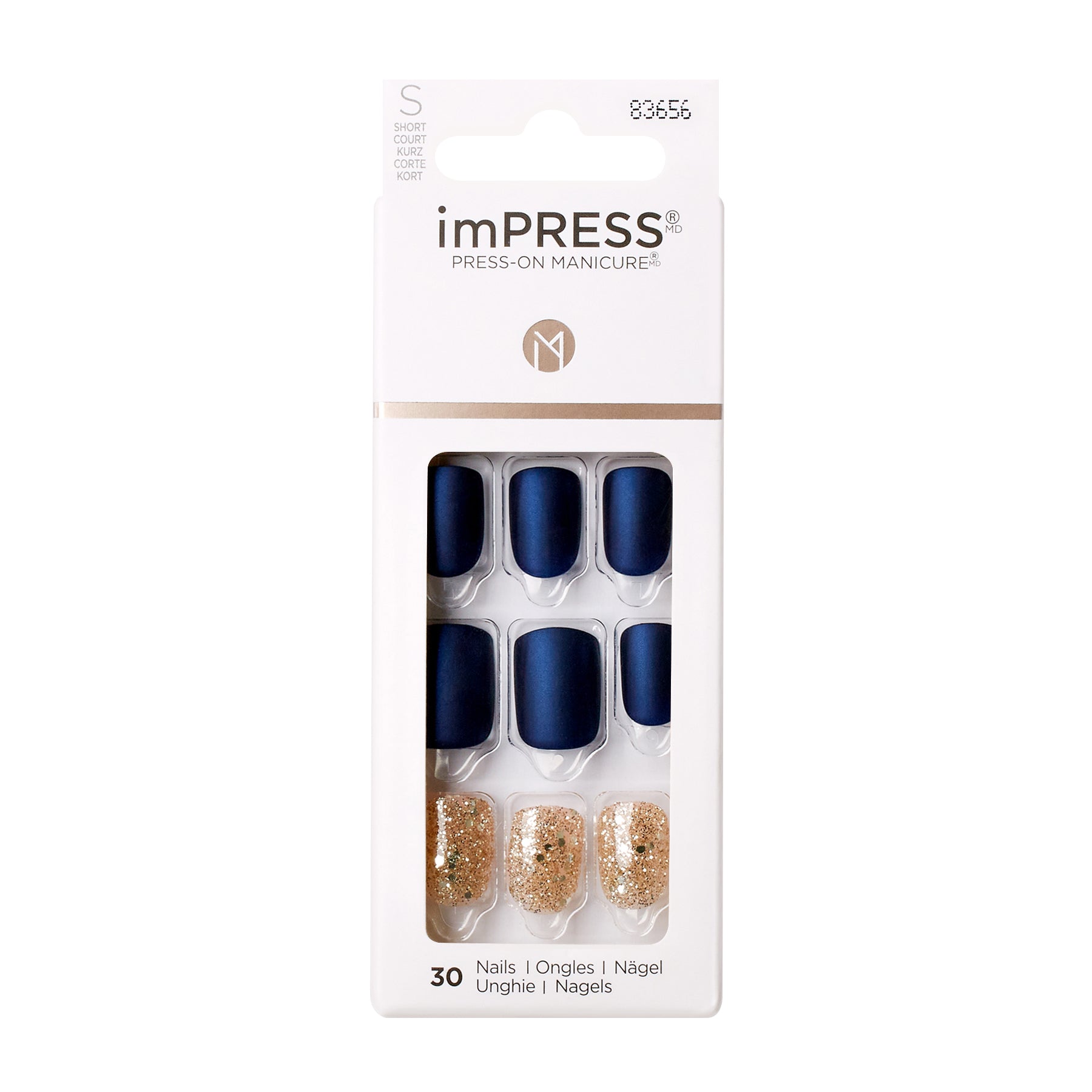 KIM005C_MAIN "A package of imPRESS Press-On Manicure nails. The package contains 30 nails in total. The nails are divided into two styles: the top two rows feature solid dark blue nails, while the bottom row showcases nails with a gold glitter design. The packaging is predominantly white with a clear window displaying the nails."