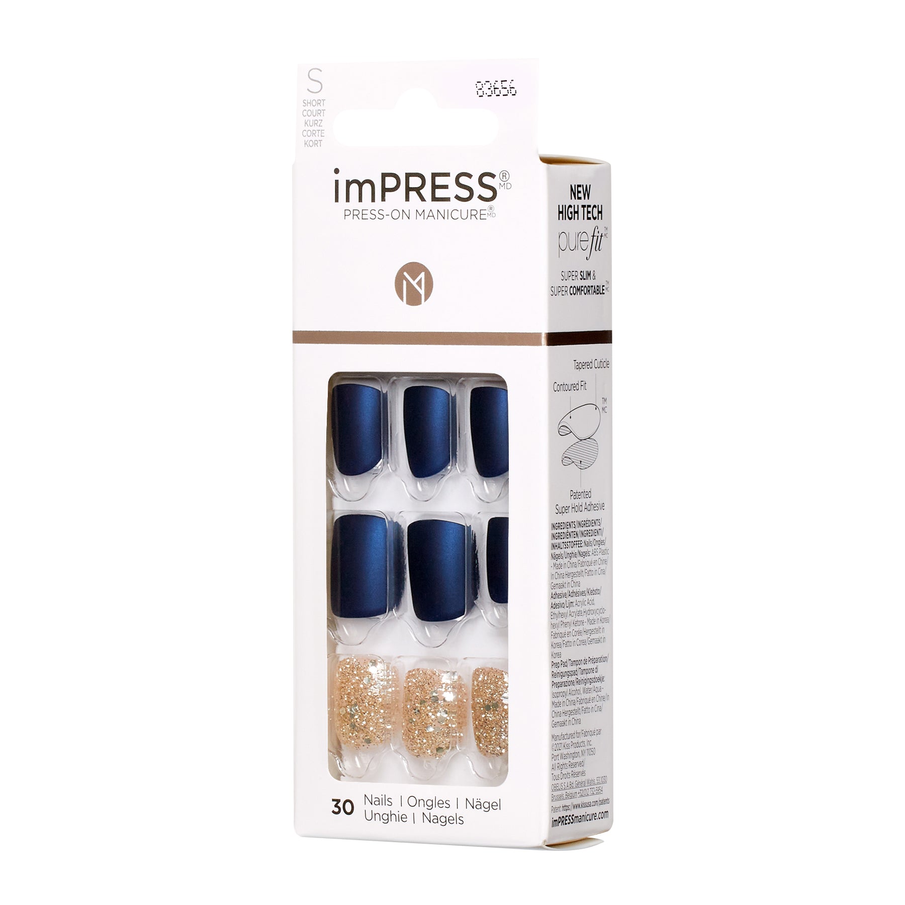 KIM005C_extra_004 "A package of imPRESS Press-On Manicure nails. The packaging is predominantly white with black and gold accents. The brand name "imPRESS" is prominently displayed at the top, along with the phrase "Press-On Manicure." The package contains 30 nails, as indicated on the front. The nails are divided into two sections: the top section features dark blue nails, while the bottom section showcases nails with a gold glitter design."