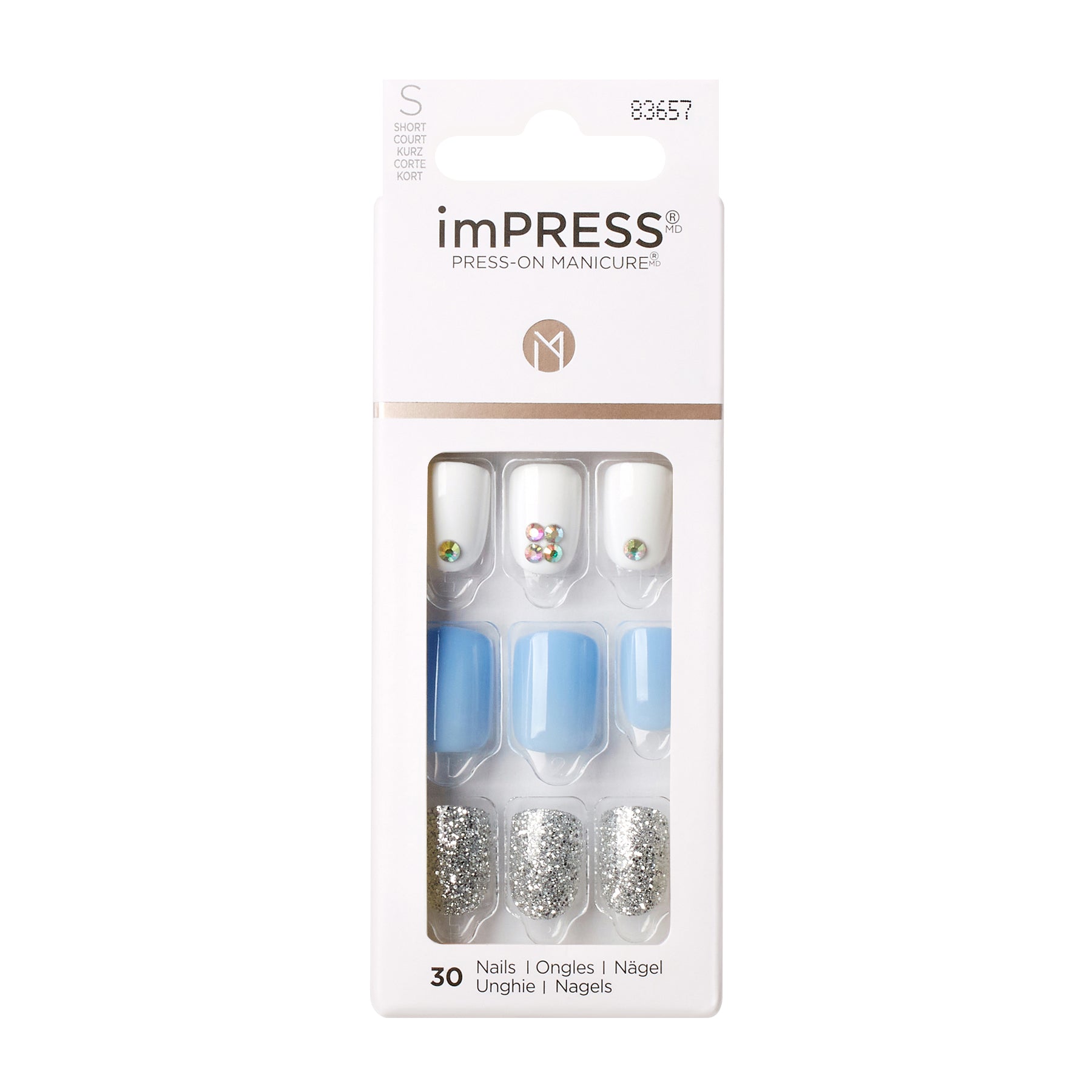 KIM006C_MAIN "A package of imPRESS Press-On Manicure nails. The package contains 30 press-on nails in various designs. The top row features nails with a white base, some adorned with small decorative elements like a flower and a gem. The middle row includes nails with a light blue color. The bottom row consists of nails with a silver glitter design. The packaging is predominantly white with the imPRESS logo and product details printed on it."