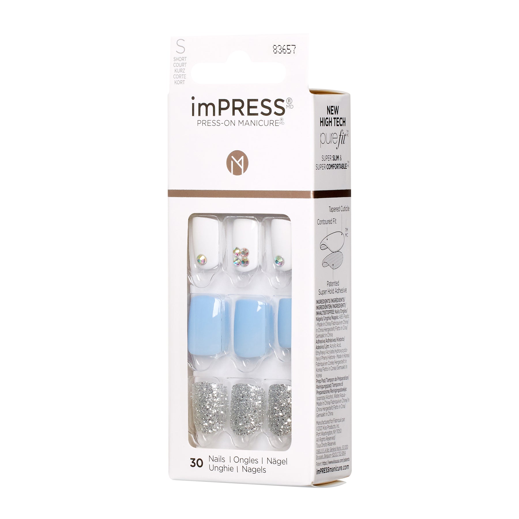 KIM006C_extra_006 "A package of imPRESS Press-On Manicure nails. The packaging is predominantly white with brown accents and features the imPRESS logo at the top. The package contains 30 press-on nails in various designs. The visible nails include a mix of solid light blue nails, white nails with small decorative gems, and glittery silver nails. The packaging also highlights features such as "NEW HIGH TECH purefit" and mentions that the nails are super comfortable."