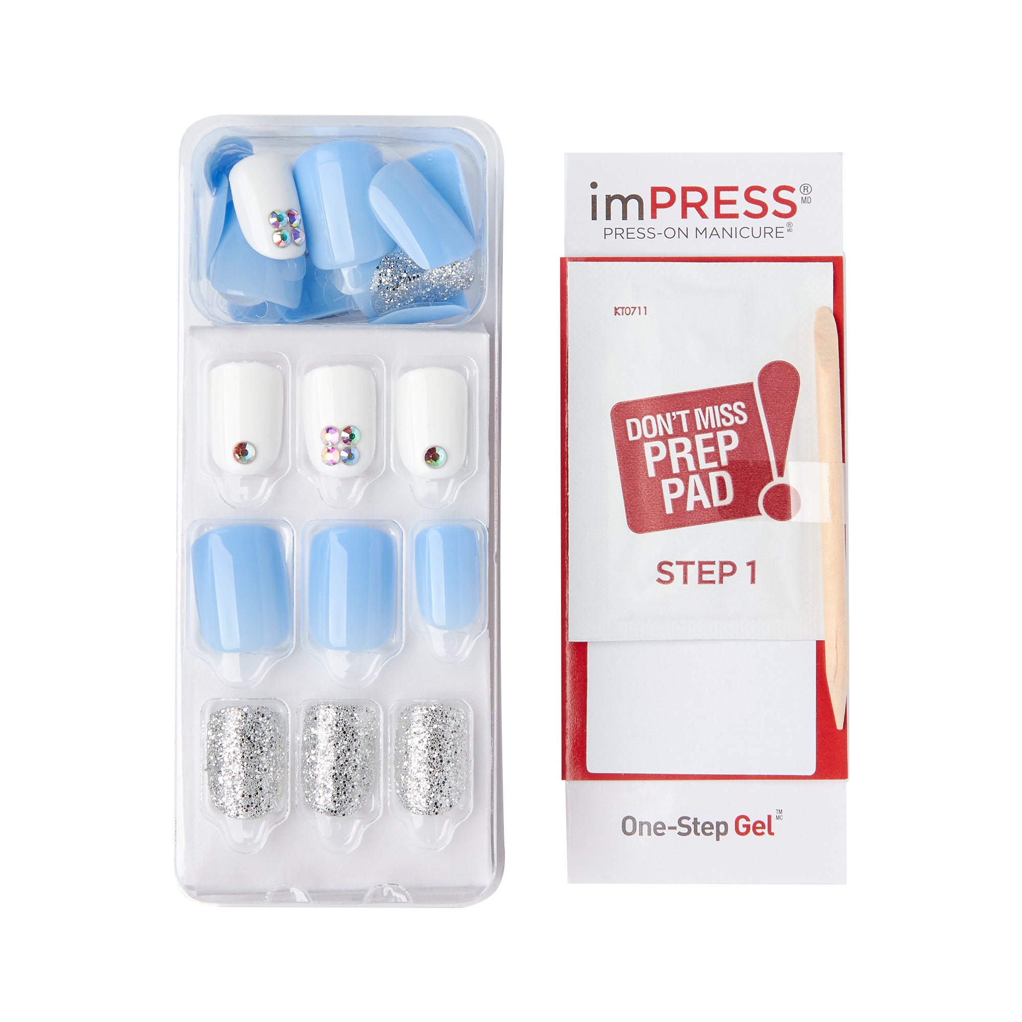 KIM006C_extra_004 "A set of press-on manicure nails from the brand "imPRESS." The set includes various nails in different designs and colors. There are blue nails, white nails with decorative gems, and silver glitter nails. The packaging also includes a "Don't Miss Press-On Pad" labeled as "STEP 1" and a wooden cuticle stick. The product is described as a "One-Step Gel" manicure."
