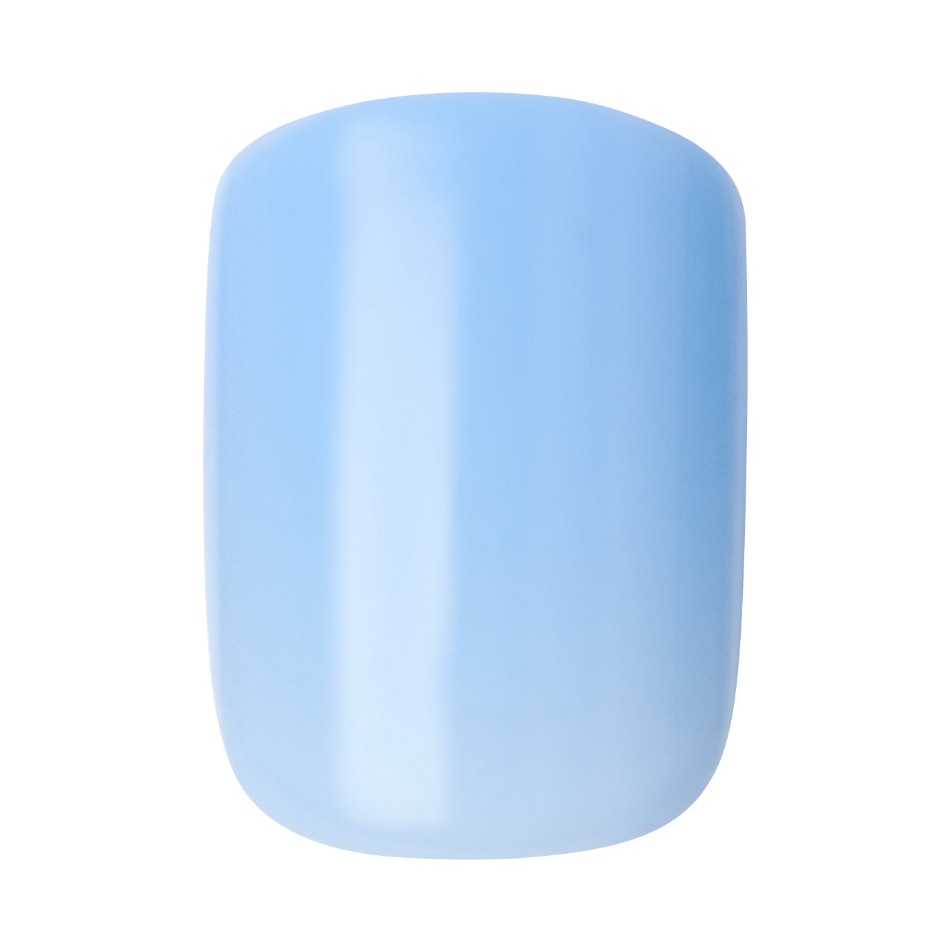KIM006C_extra_002 "A single artificial nail painted in a glossy, light blue color. The nail has a smooth, shiny surface with a slight reflection, indicating a polished finish. The shape of the nail is slightly curved with rounded edges."