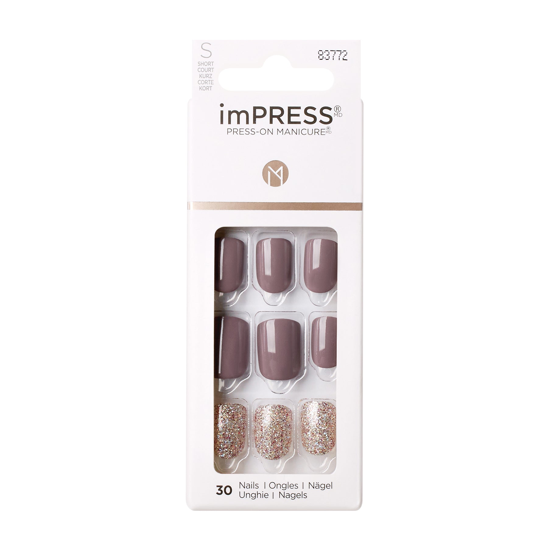 KIM011C_MAIN "A package of imPRESS Press-On Manicure nails. The packaging is predominantly white with a transparent section that displays the nails inside. The brand name "imPRESS" is prominently displayed at the top, along with the phrase "Press-On Manicure." The package contains 30 nails in total. The nails are in two different styles: a solid mauve color and a glittery design. The product is labeled with the number 83772 at the top right corner."