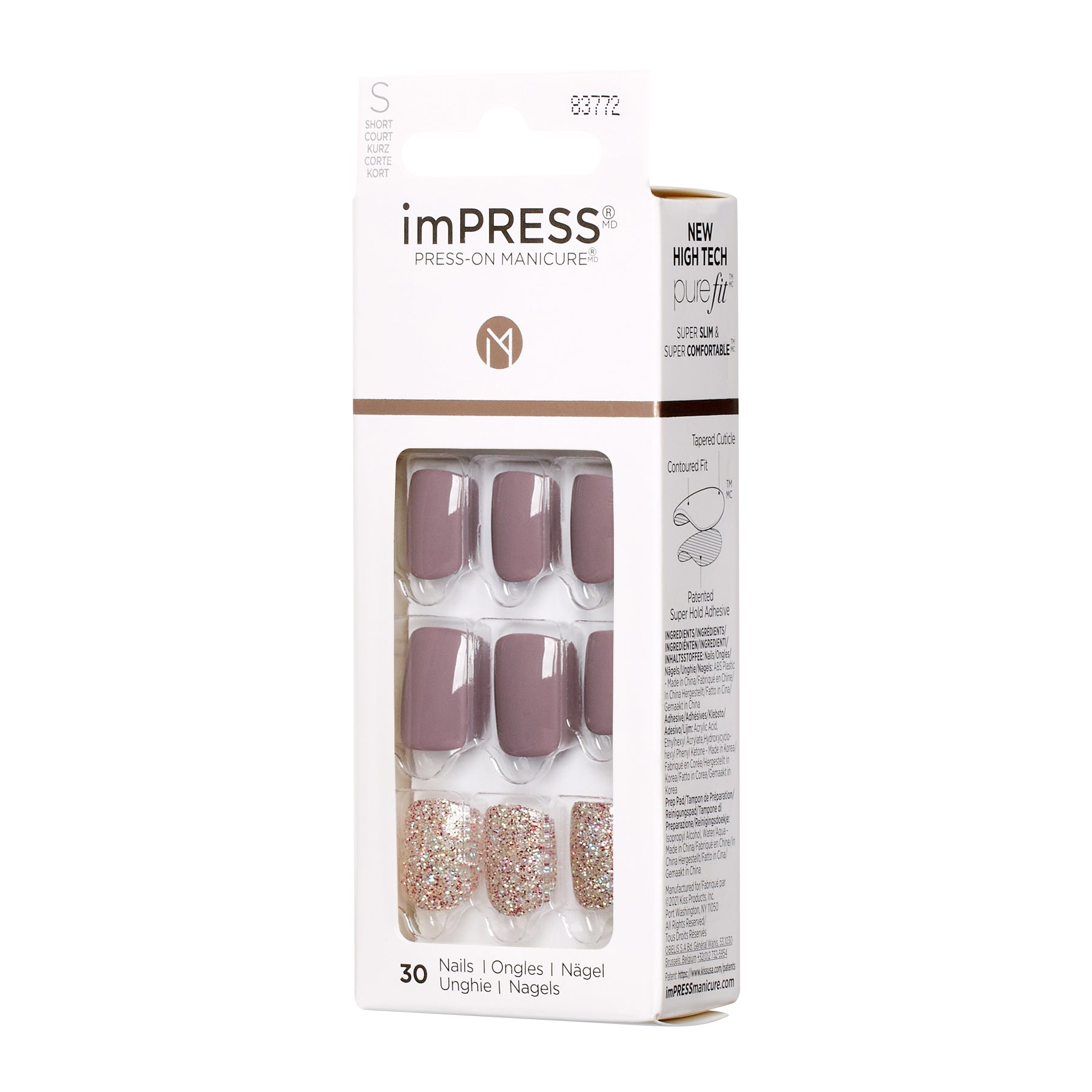 KIM011C_extra_006 "A package of imPRESS Press-On Manicure nails. The packaging is predominantly white with a clear window displaying the nails inside. The set includes 30 nails in total, with two different designs: a solid mauve color and a glittery design. The top of the package features the imPRESS logo and the phrase "Press-On Manicure." The packaging also highlights the "NEW HIGH TECH purefit" technology, which is described as being super comfortable."