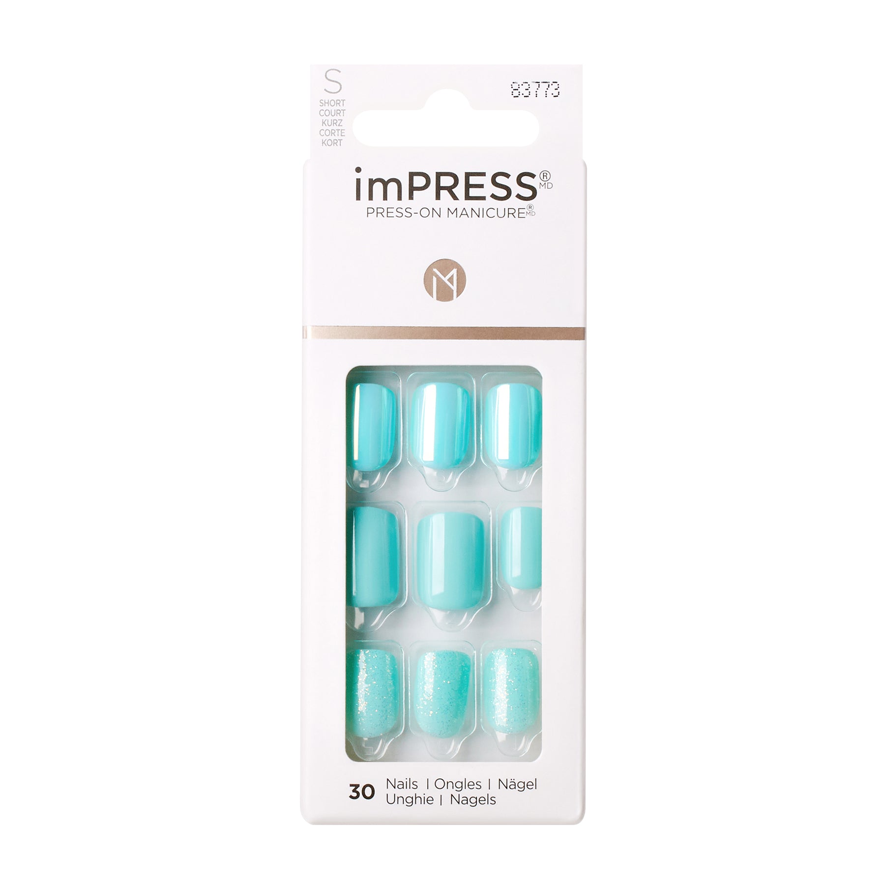 KIM012C_MAIN "A package of imPRESS Press-On Manicure nails. The packaging is predominantly white with a clear window displaying the nails inside. The nails are a light turquoise color, with some featuring a glittery finish. The package contains 30 nails, as indicated at the bottom. The brand name "imPRESS" is prominently displayed at the top, along with the phrase "Press-On Manicure." The product code "83773" is visible at the top right corner of the package."