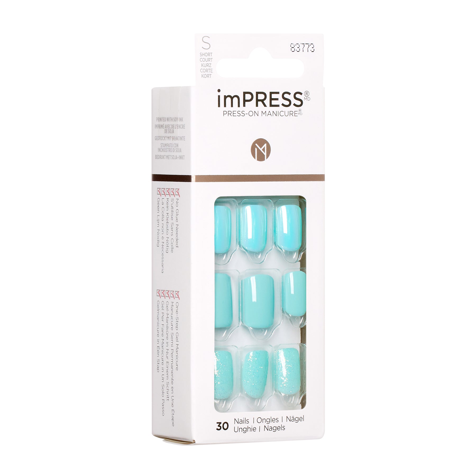 KIM012C_extra_005 "A package of imPRESS Press-On Manicure nails. The packaging is primarily white with a clear window on the front, displaying the press-on nails inside. The nails are a light turquoise color, with some featuring a glittery or textured design. The top of the package has the imPRESS logo, and it states that there are 30 nails included. The text on the packaging is in multiple languages, indicating the product is suitable for a diverse market."