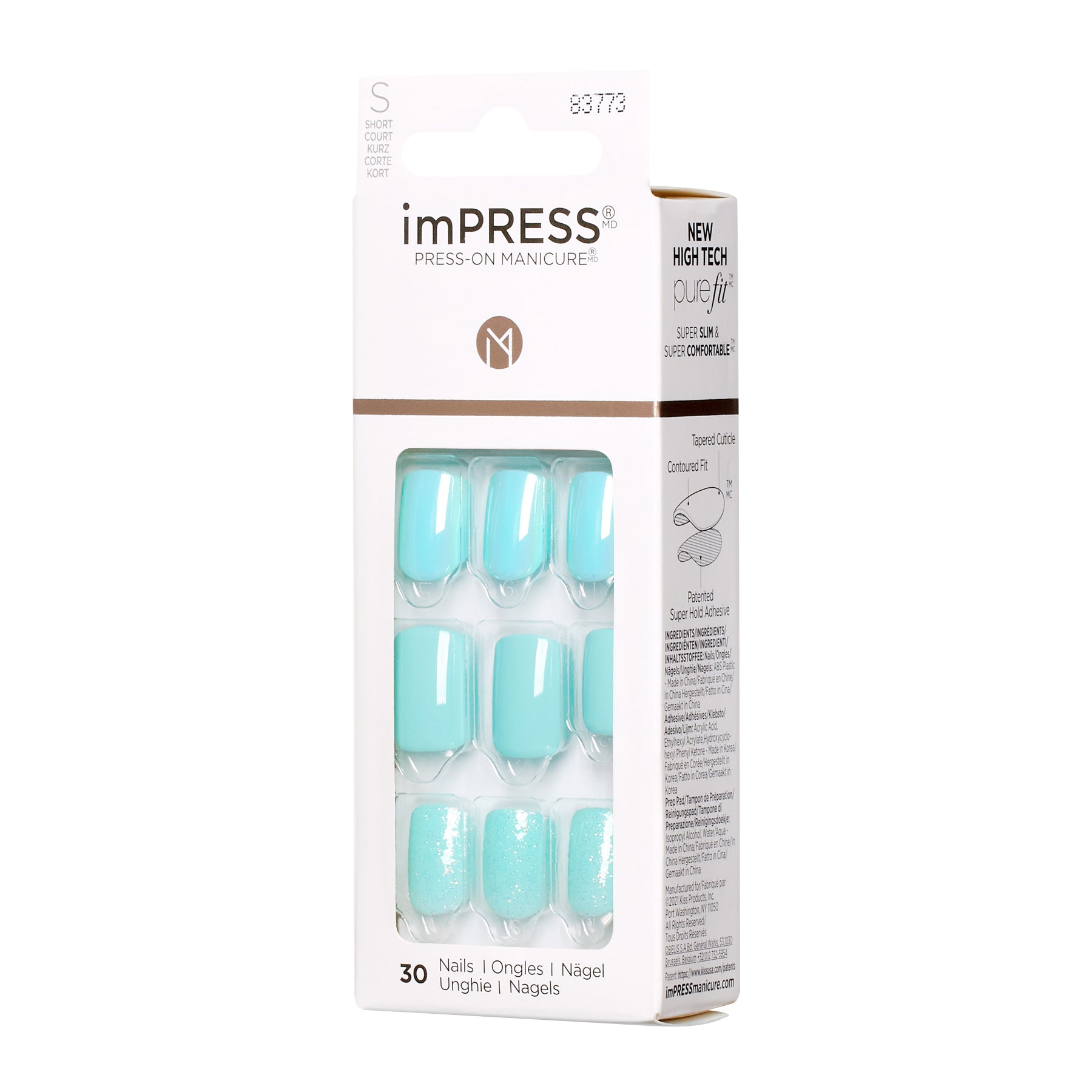 KIM012C_extra_006 "A package of imPRESS Press-On Manicure nails. The packaging is predominantly white with brown accents and features a clear window displaying the nails inside. The nails are a light turquoise color, and there are 30 nails included in the package. The top of the package has the imPRESS logo and the phrase "Press-On Manicure." The package also mentions "NEW HIGH TECH purefit" and includes some instructions and information about the product on the side."