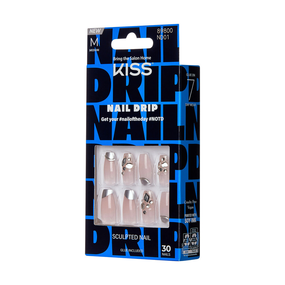 KISS Nail Drip Press-On Nails – Big Drip, Sculpted Medium, Chrome French Tip, side of package.