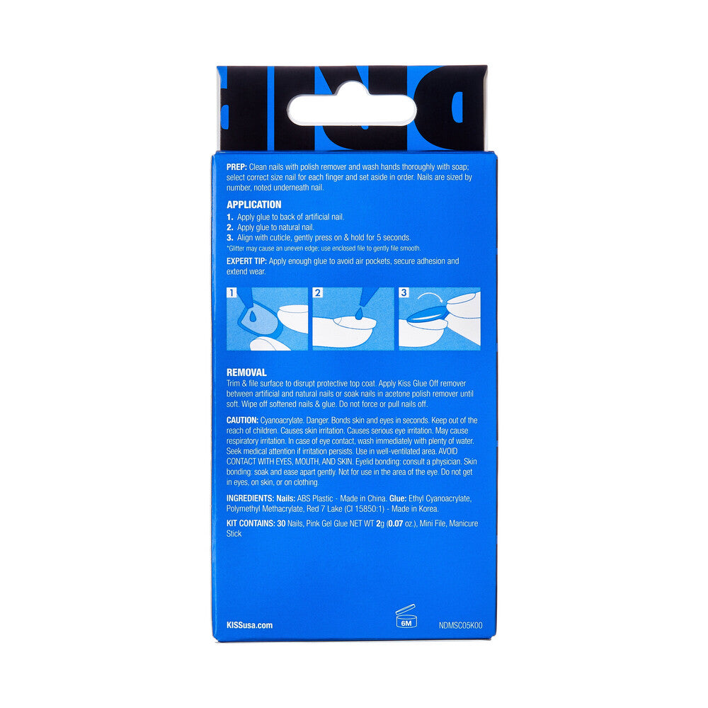 KISS Nail Drip Press-On Nails – Big Drip, Sculpted Medium, Chrome French Tip, package back.