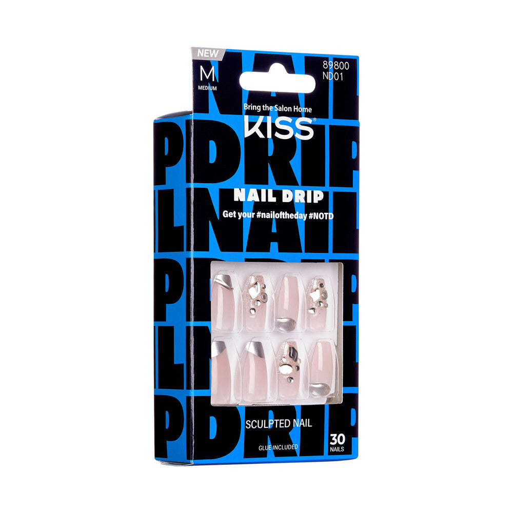 KISS Nail Drip Press-On Nails – Big Drip, Sculpted Medium, Chrome French Tip product view.